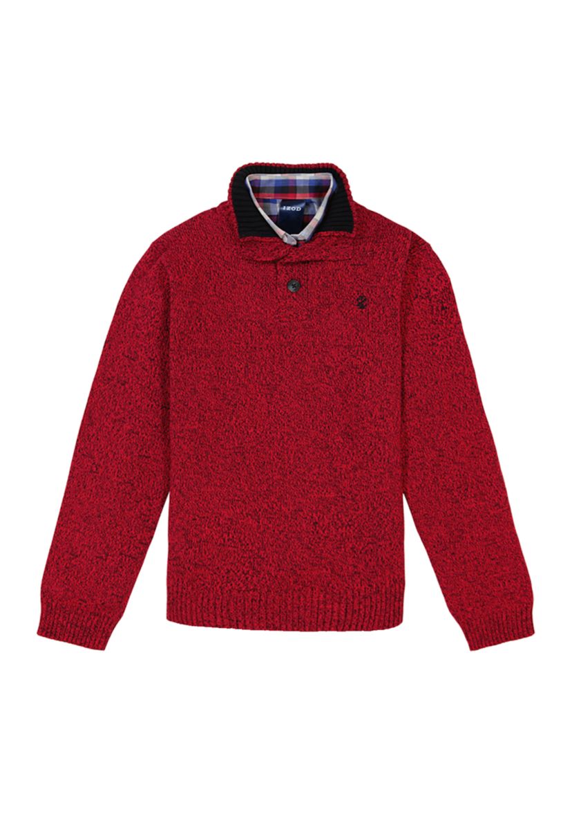 Boys 8-20 Marbled 3 Button Sweater and Plaid Shirt Set