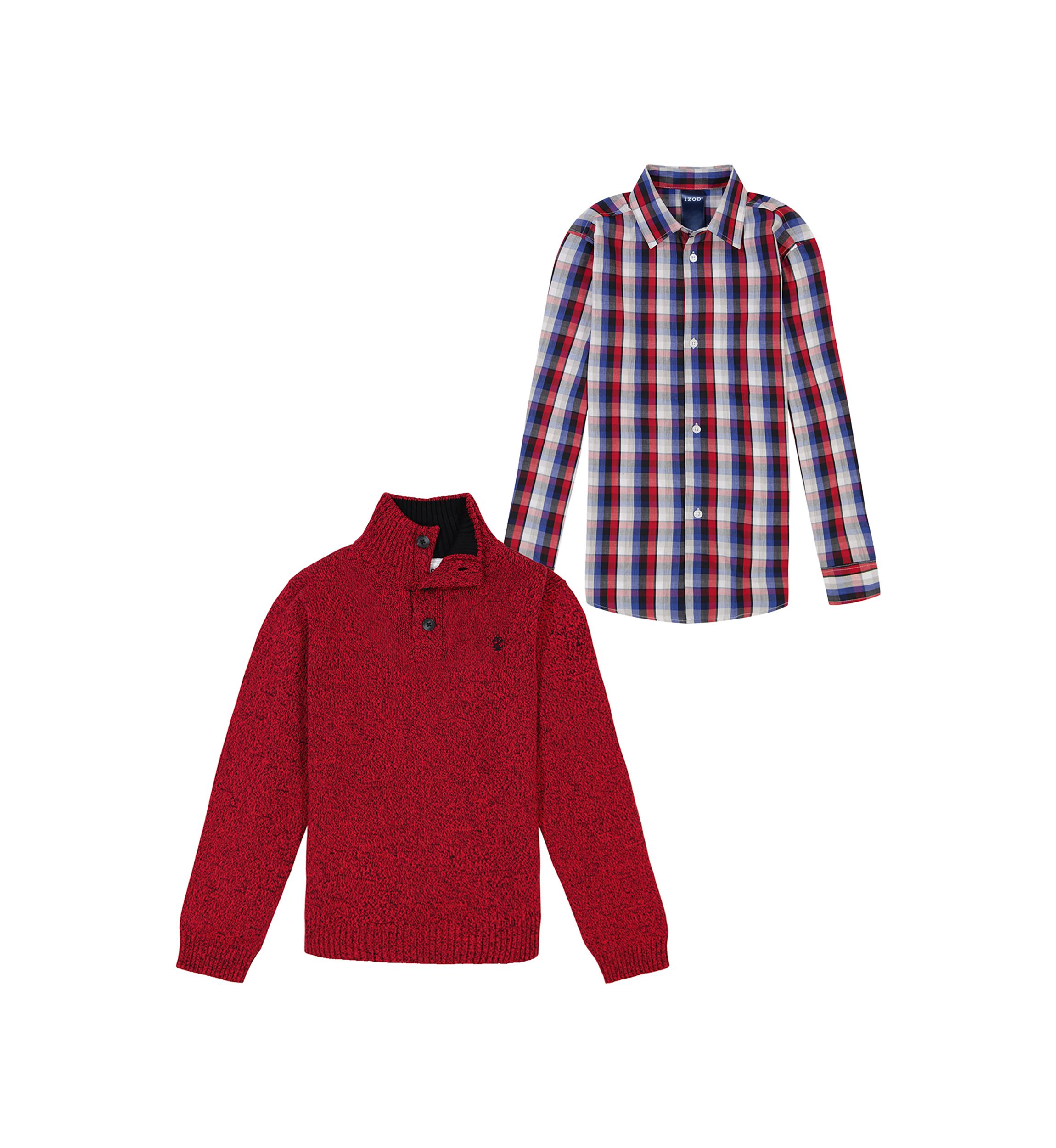 Boys 8-20 Marbled 3 Button Sweater and Plaid Shirt Set
