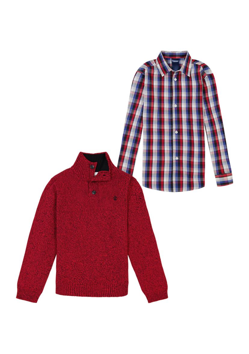 Boys 8-20 Marbled 3 Button Sweater and Plaid Shirt Set