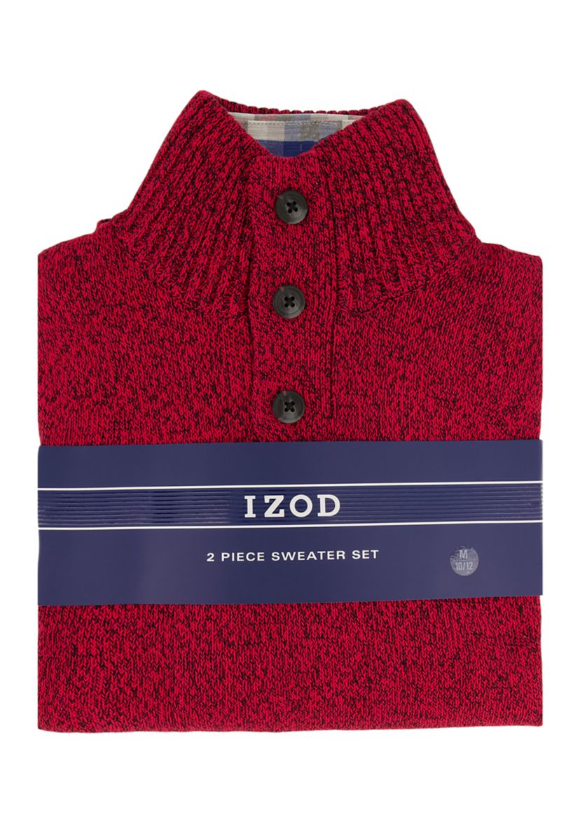 Boys 8-20 Marbled 3 Button Sweater and Plaid Shirt Set