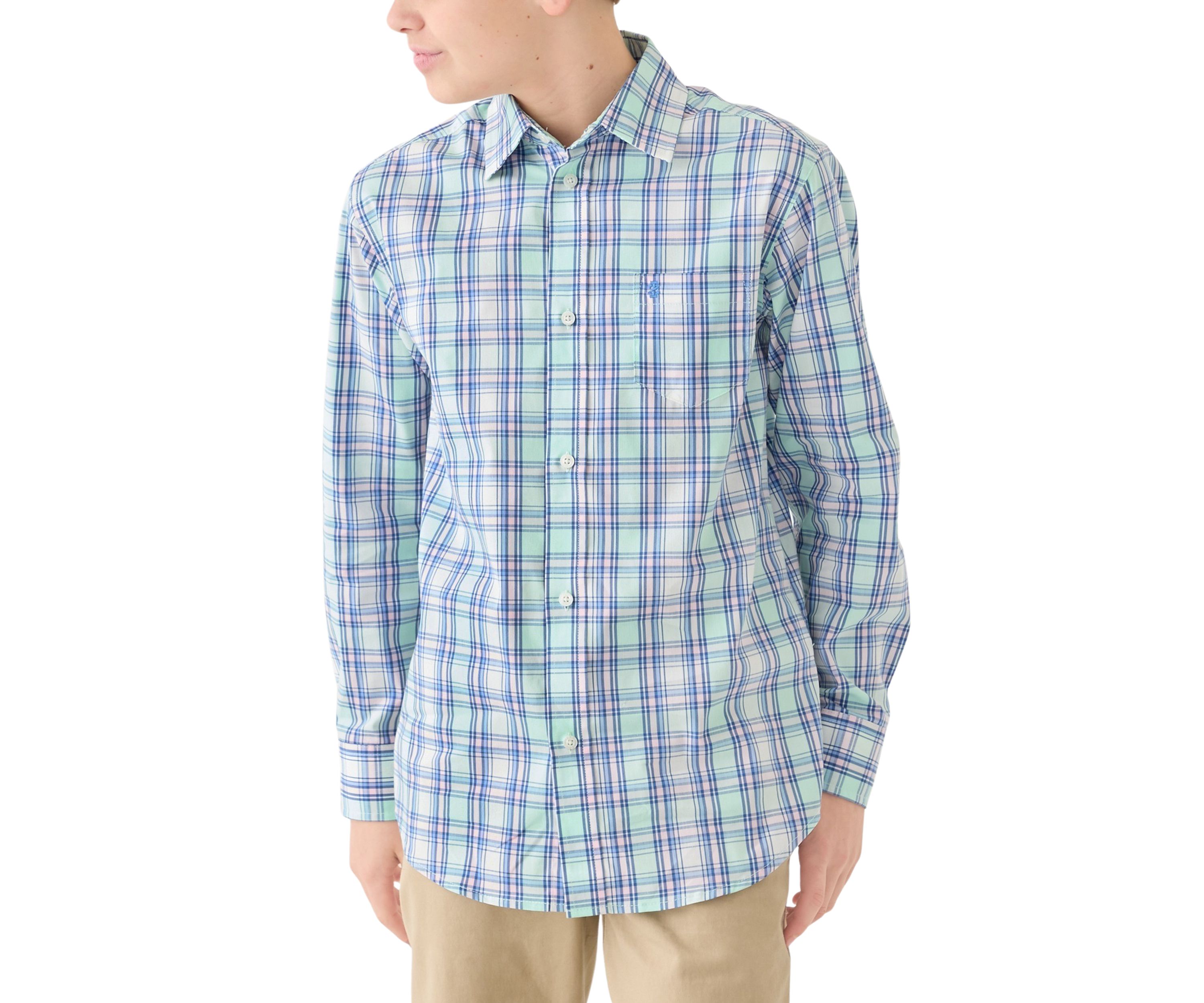 Boys 8-20 Husky Long Sleeve Yarn Dyed Stretch Spring Plaid Shirt