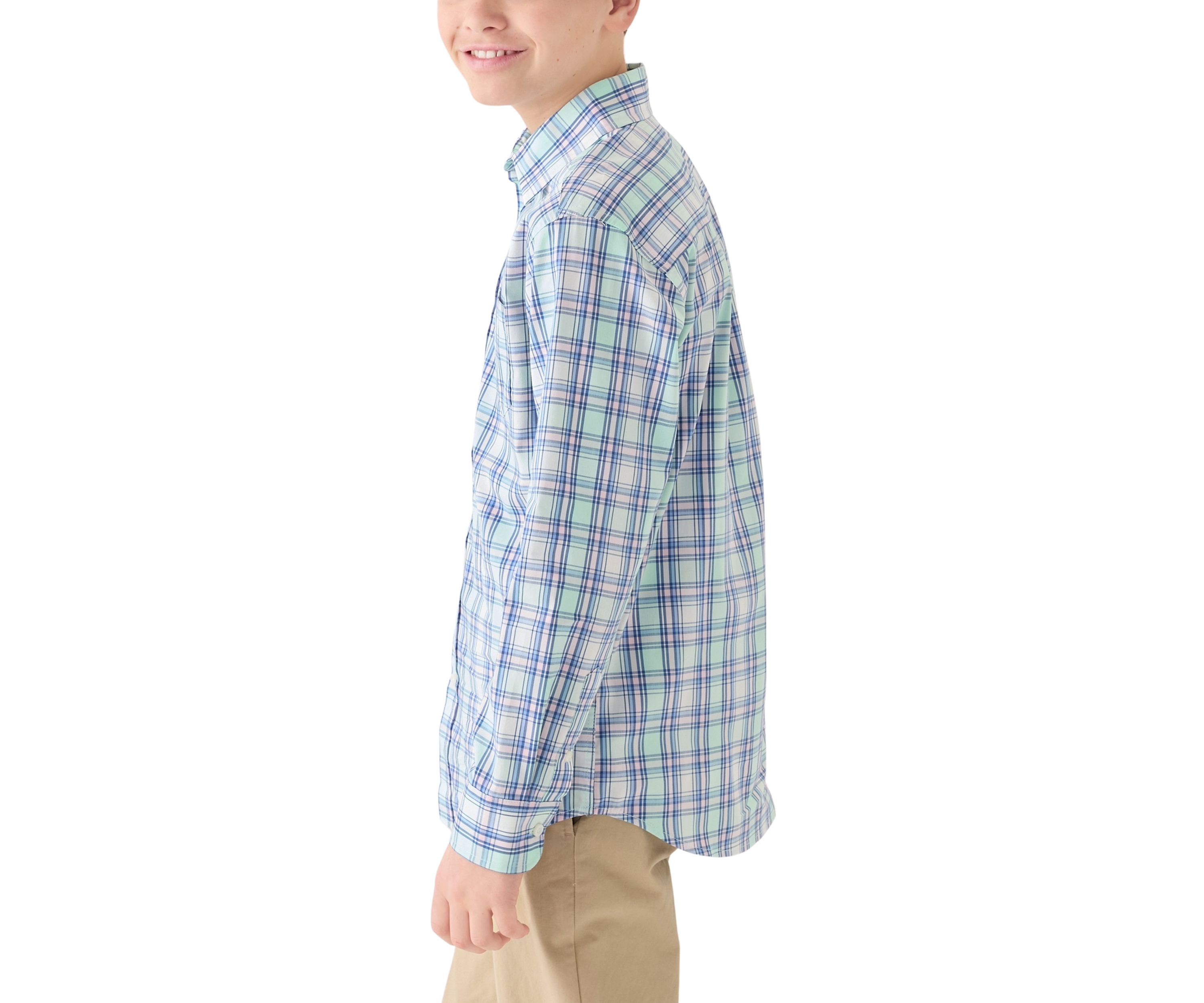 Boys 8-20 Husky Long Sleeve Yarn Dyed Stretch Spring Plaid Shirt