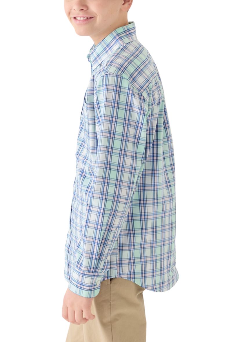 Boys 8-20 Husky Long Sleeve Yarn Dyed Stretch Spring Plaid Shirt