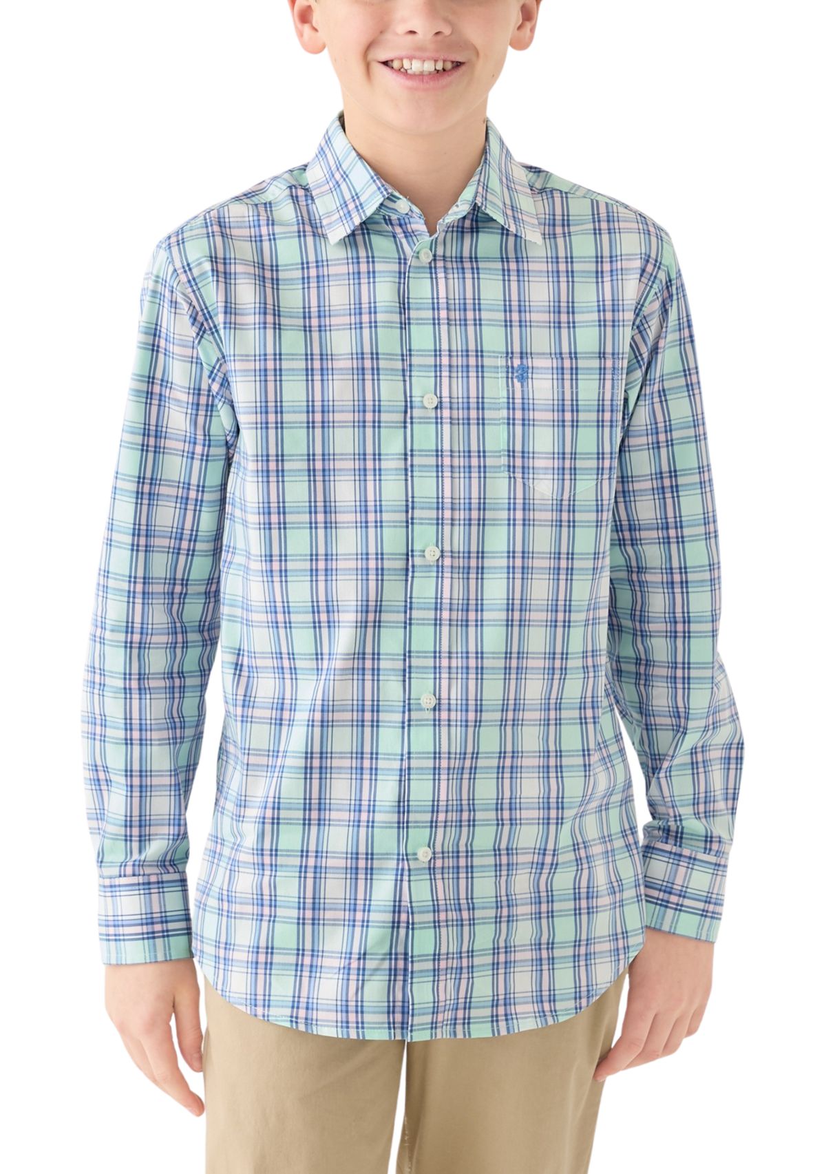 Boys 8-20 Long Sleeve Yarn Dyed Stretch Spring Plaid Shirt