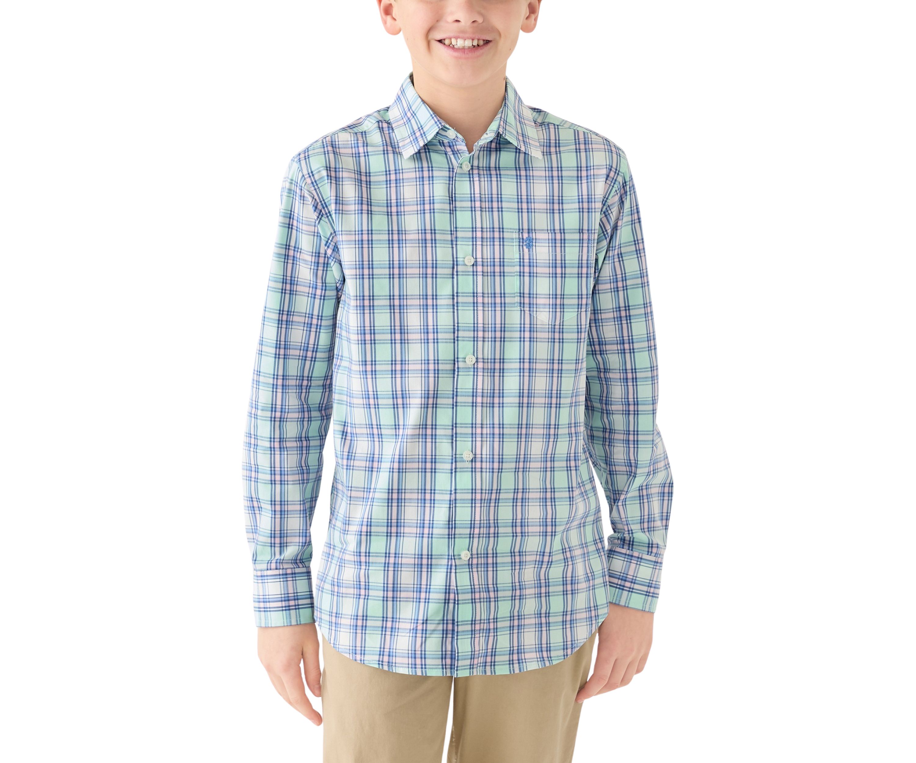 Boys 8-20 Long Sleeve Yarn Dyed Stretch Spring Plaid Shirt