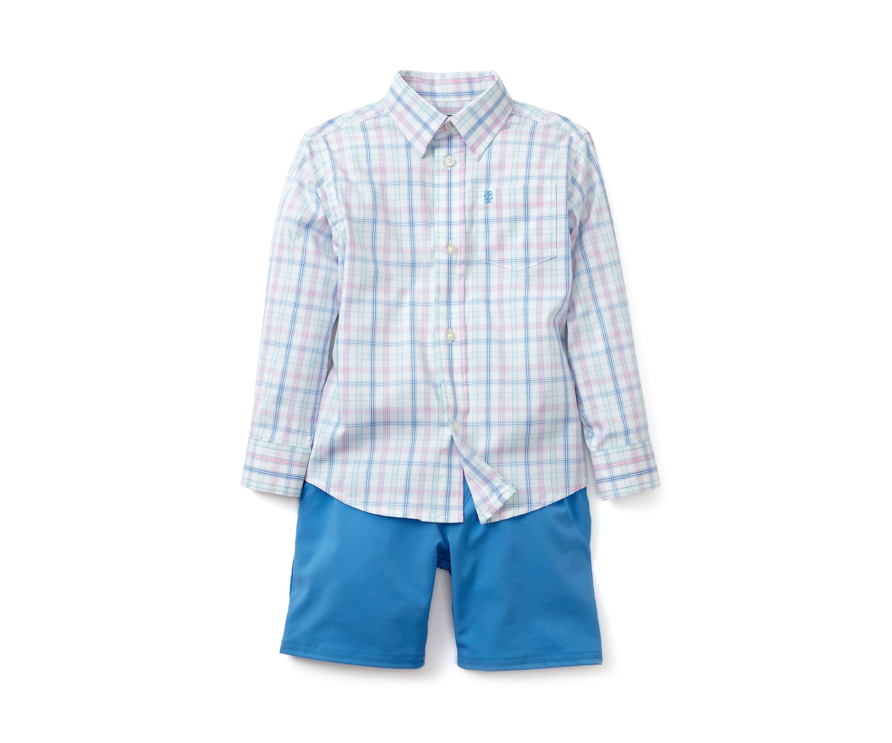 Boys 4-7 Long Sleeve Grid Plaid Shirt and Performance Shorts Set