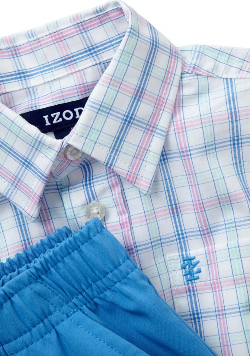 Boys 4-7 Long Sleeve Grid Plaid Shirt and Performance Shorts Set