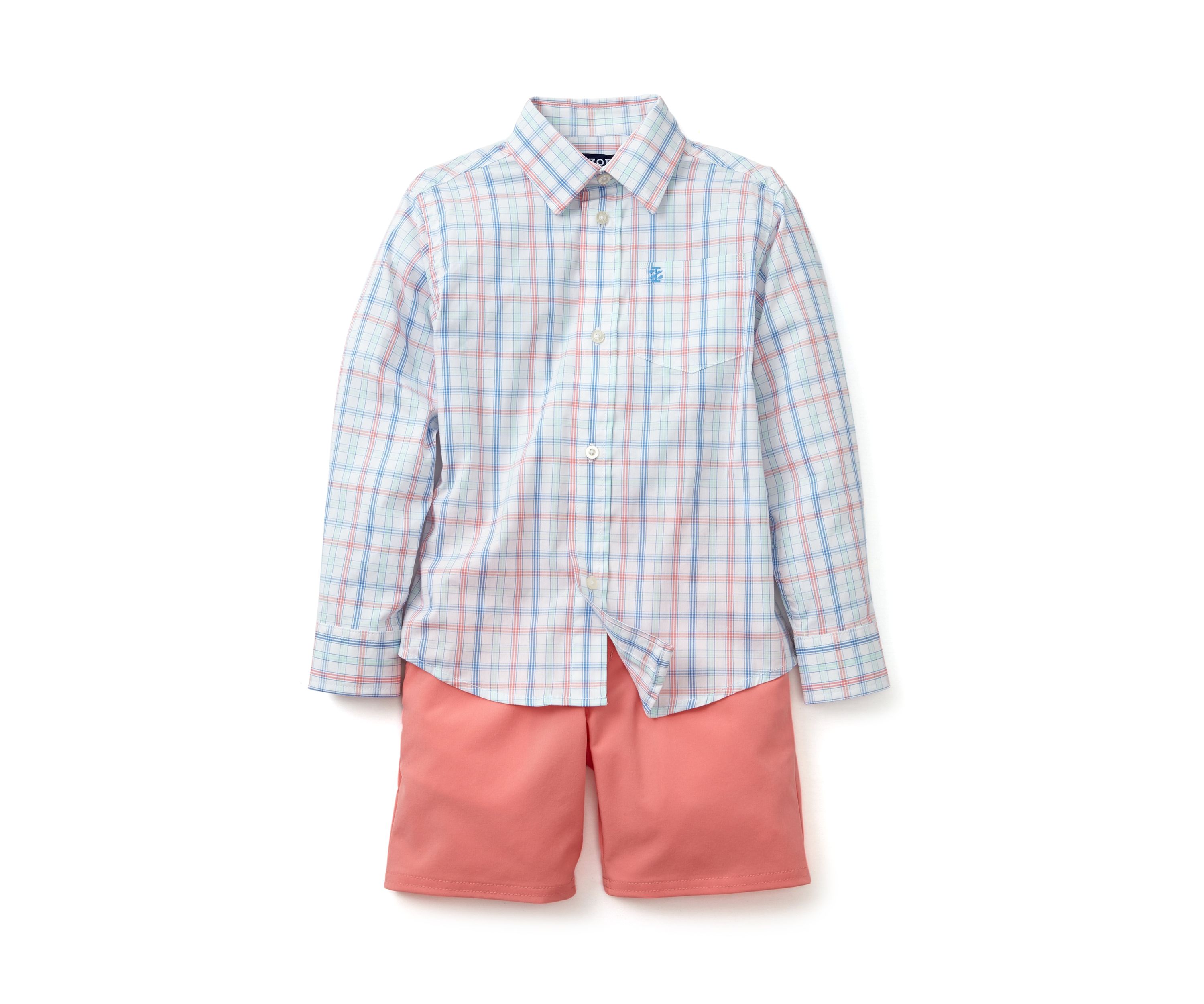 Boys 4-7 Long Sleeve Grid Plaid Shirt and Performance Shorts Set