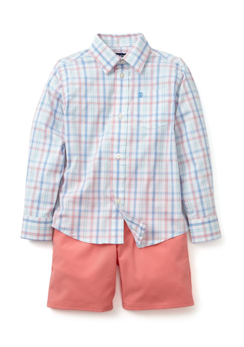Boys 4-7 Long Sleeve Grid Plaid Shirt and Performance Shorts Set