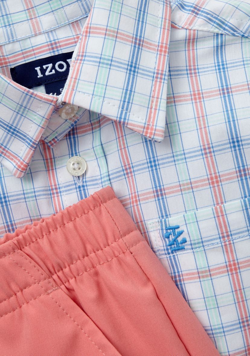 Boys 4-7 Long Sleeve Grid Plaid Shirt and Performance Shorts Set