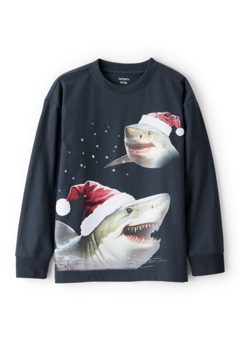 Boys 4-7 Long Sleeve Santa Shark Graphic T-Shirt 