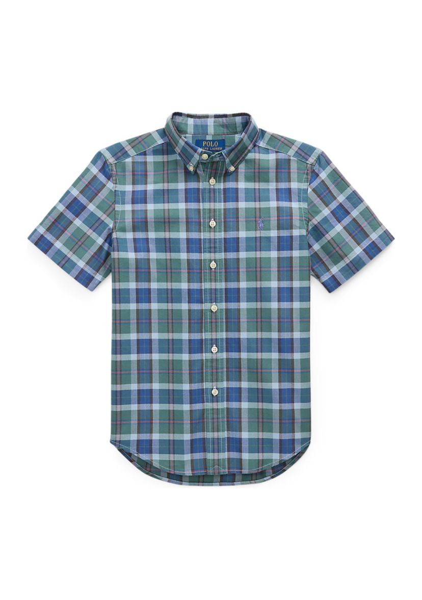 Boys 8-20 Plaid Cotton Oxford Short-Sleeve Shirt