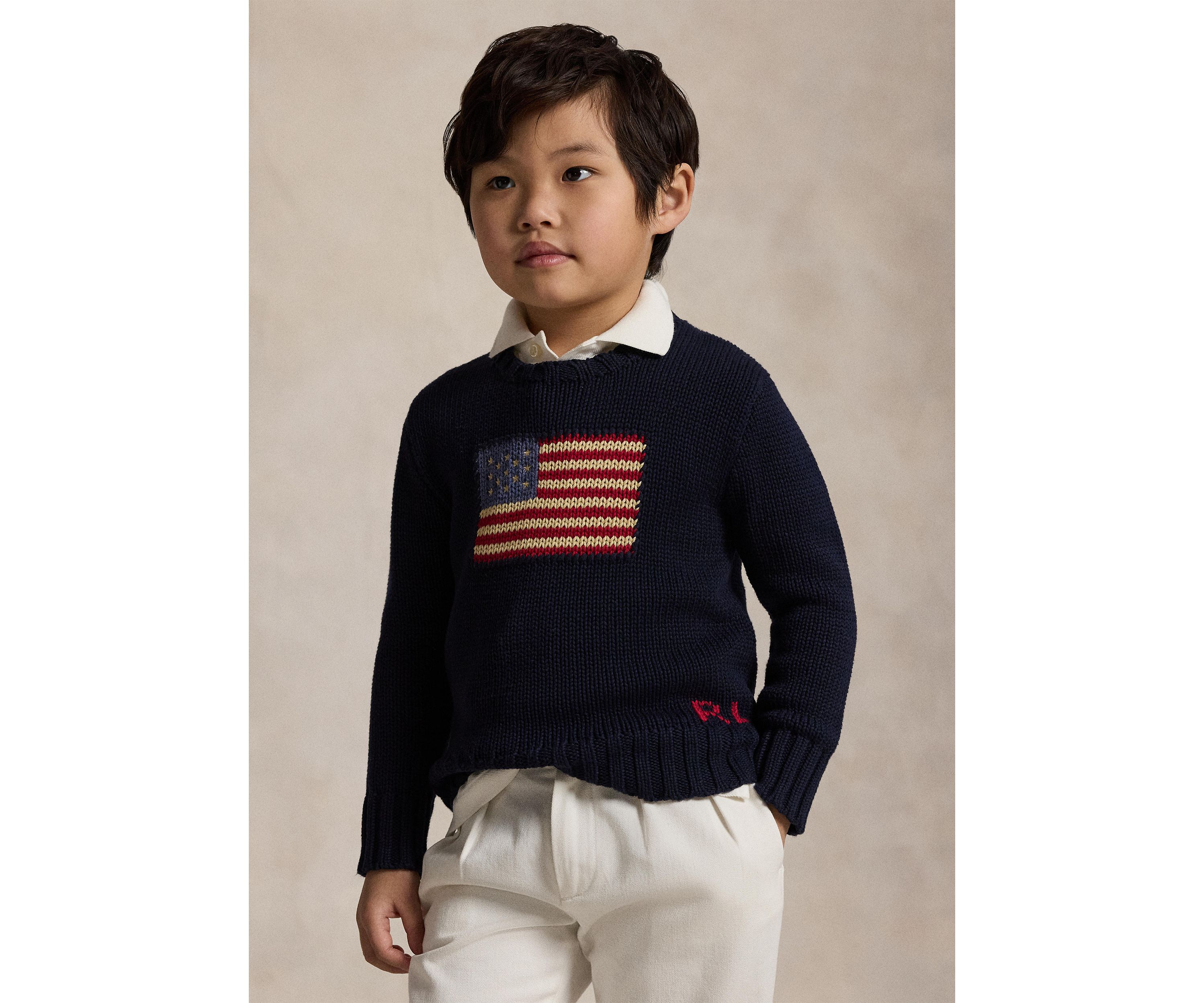 Flag Cotton Crewneck Sweater Boys 4-7