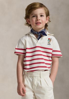 Ralph Lauren Childrenswear Boys 4-7 Polo Bear Striped Cotton Polo Shirt, Red, 3