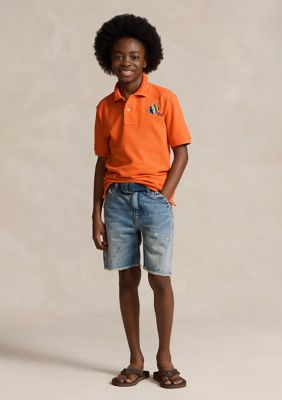 Fish-Embroidered Cotton Mesh Polo Shirt for Boys