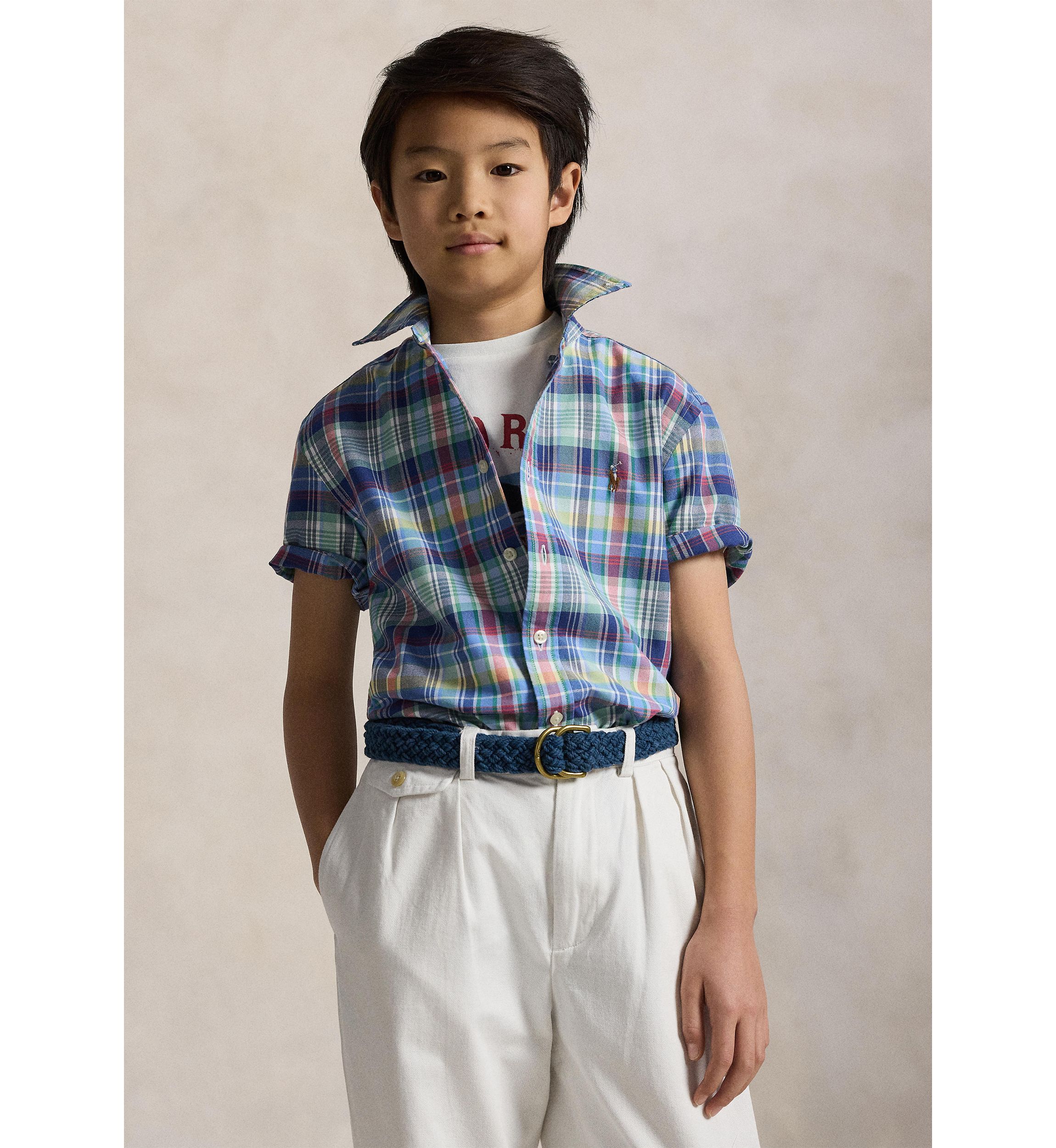 Boys 8-20 Plaid Cotton Oxford Short Sleeve Shirt