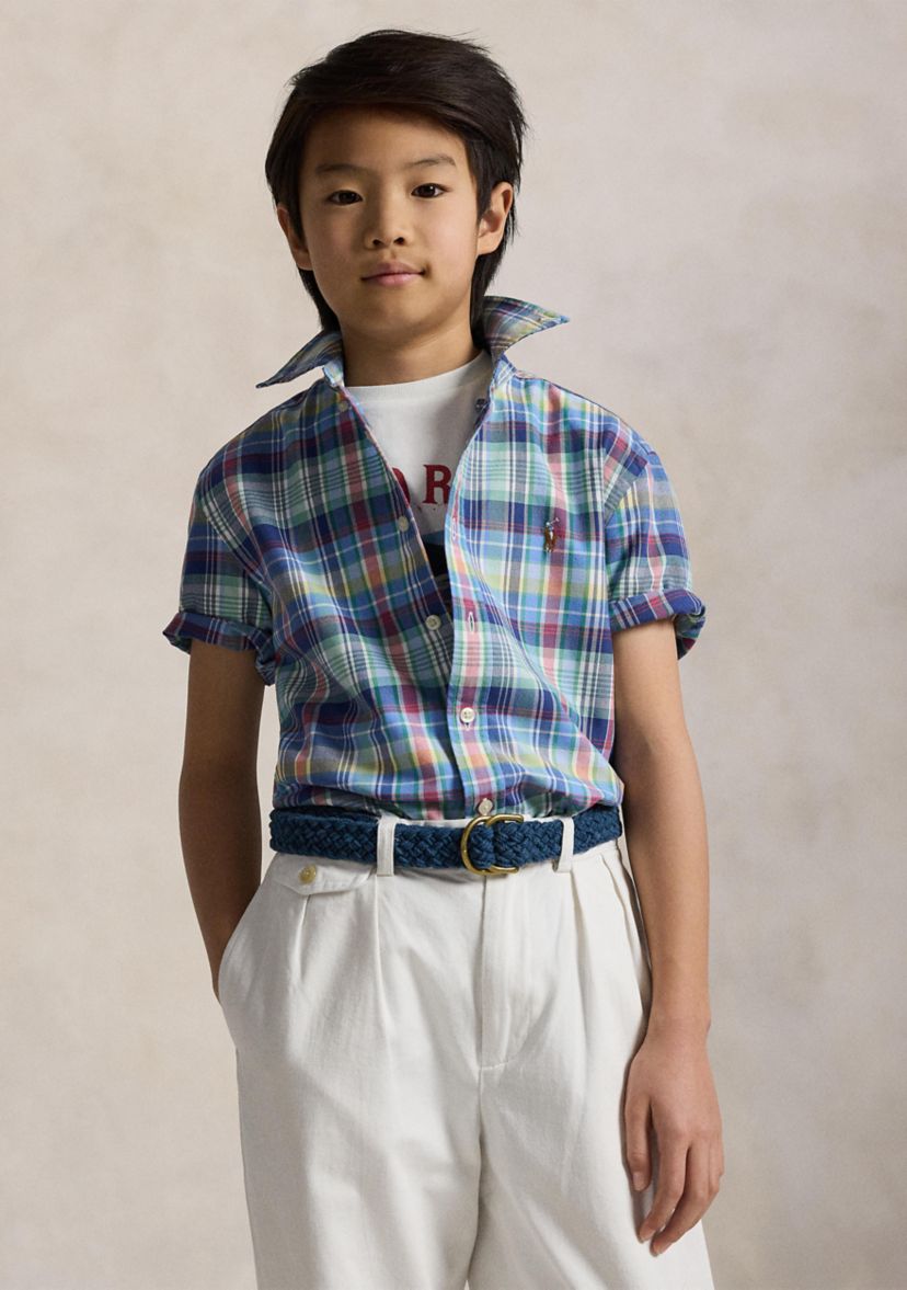 Boys 8-20 Plaid Cotton Oxford Short Sleeve Shirt