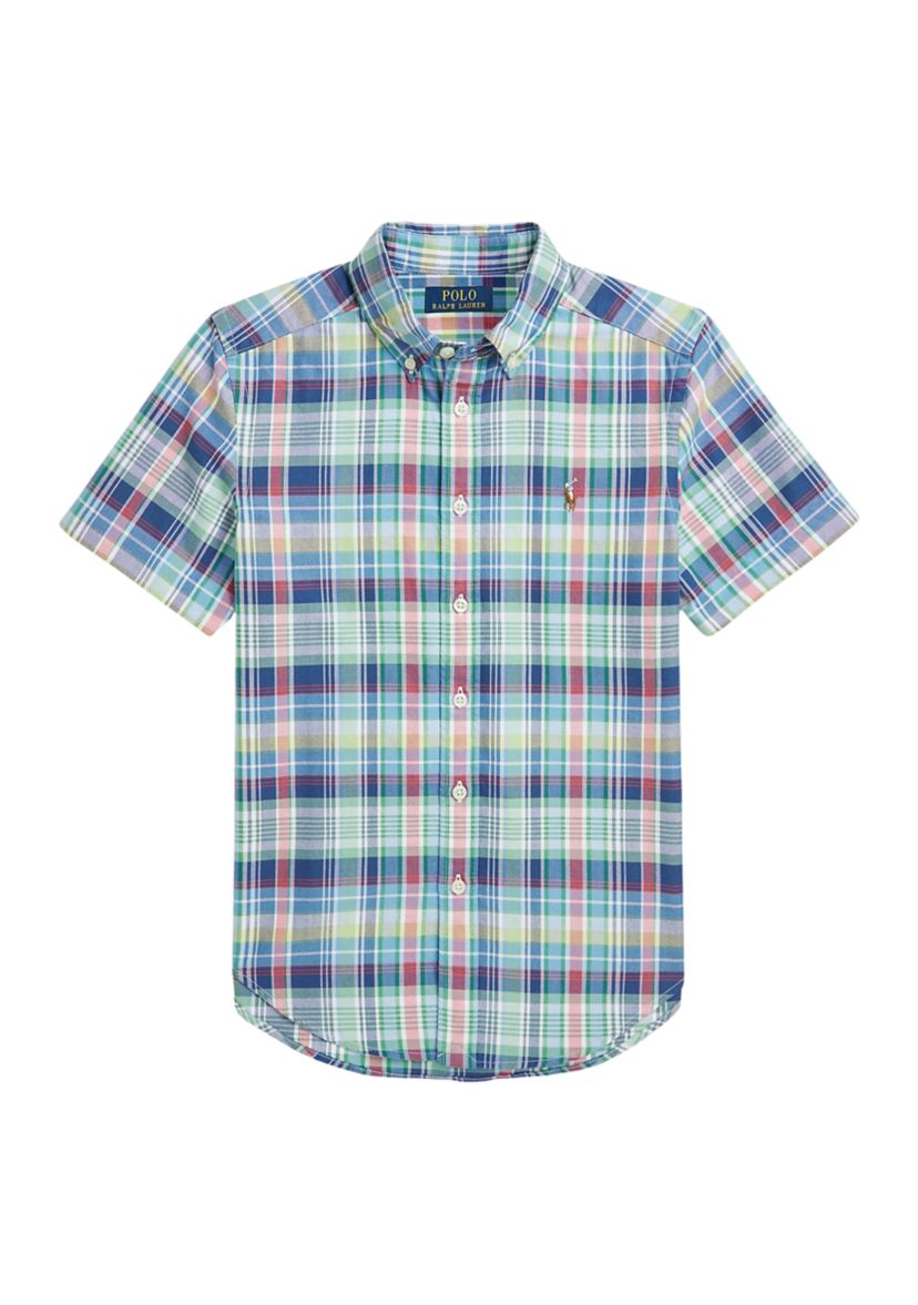 Boys 8-20 Plaid Cotton Oxford Short Sleeve Shirt