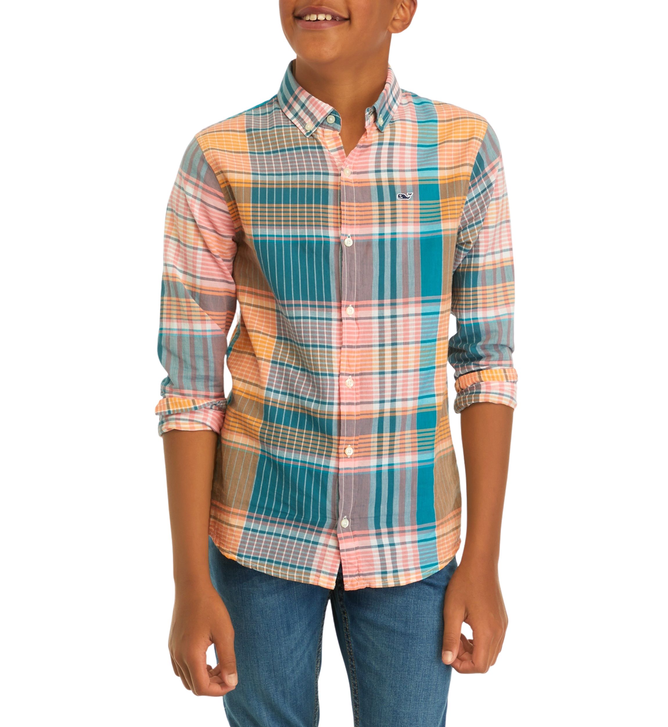 Boys 8-20 Plaid Madras Whale Shirt