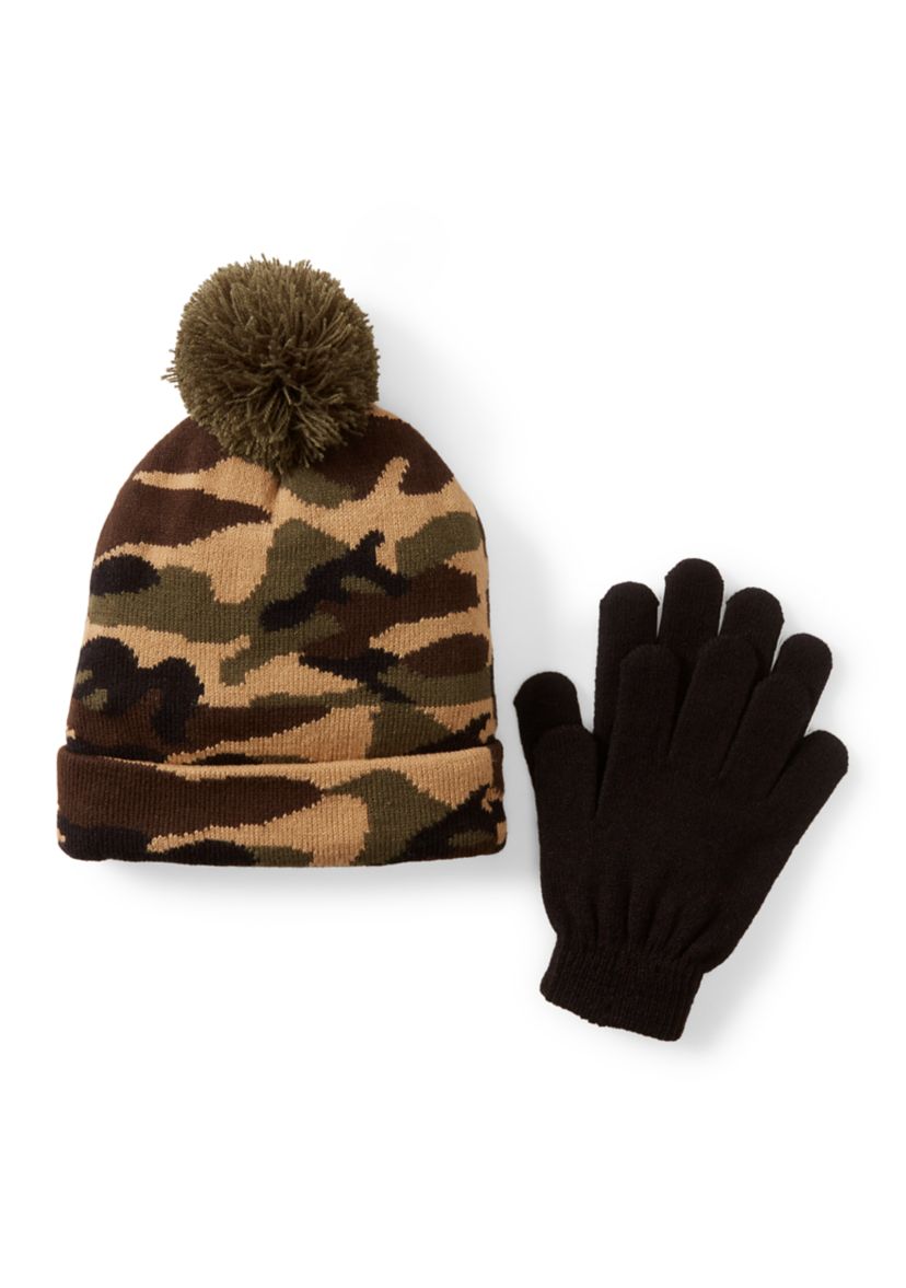 Kids Accessories Camo Knit Hat and Gloves Set