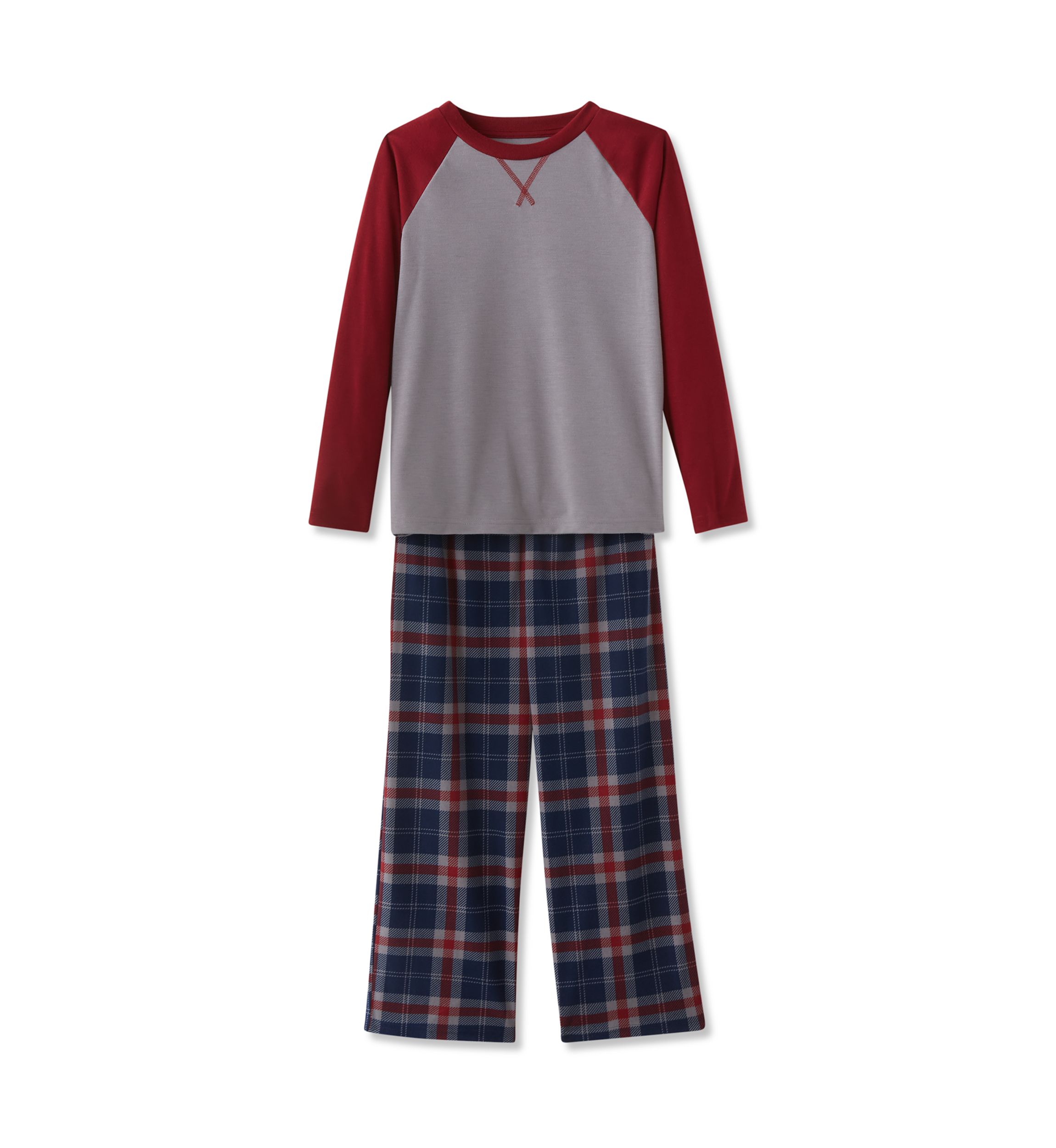 Boys 8-20 Long Color Block Raglan Sleeve Shirt and Plaid Pants Pajama Set 