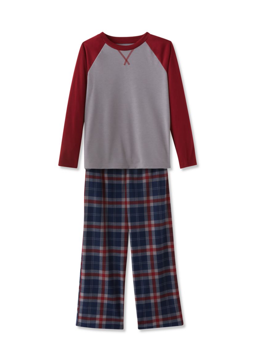 Boys 8-20 Long Color Block Raglan Sleeve Shirt and Plaid Pants Pajama Set 