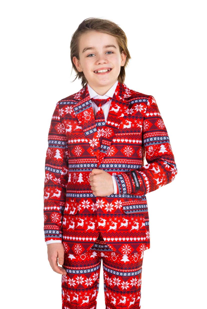 BOYS Nordic Pixel Red  2 Piece Suit + Tie