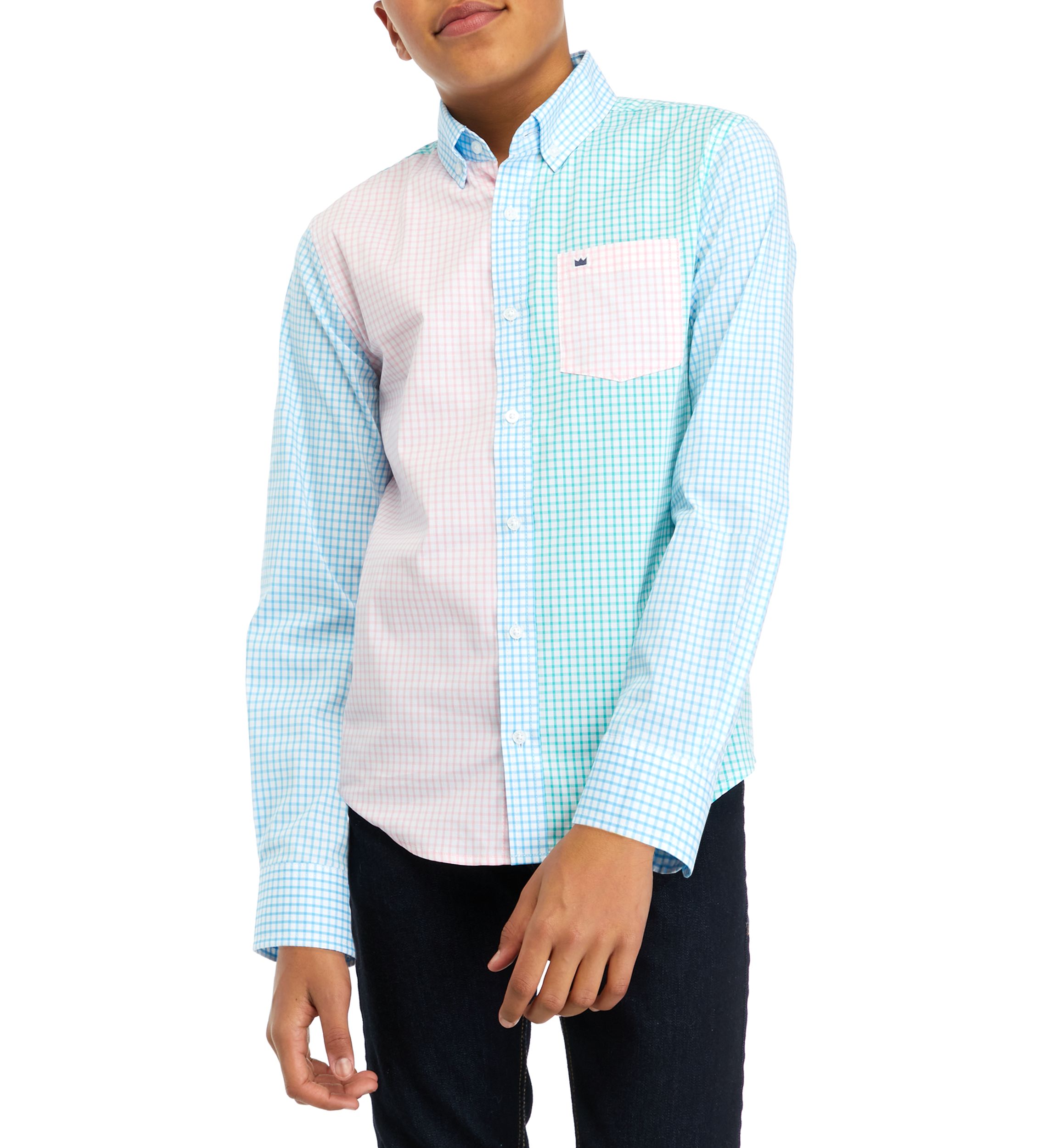 Boys 8-20 Woven Poplin Color Blocked Button Down Shirt