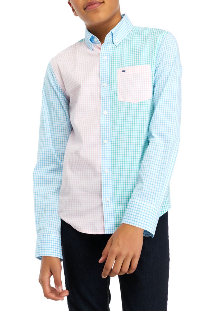 Boys 8-20 Woven Poplin Color Blocked Button Down Shirt