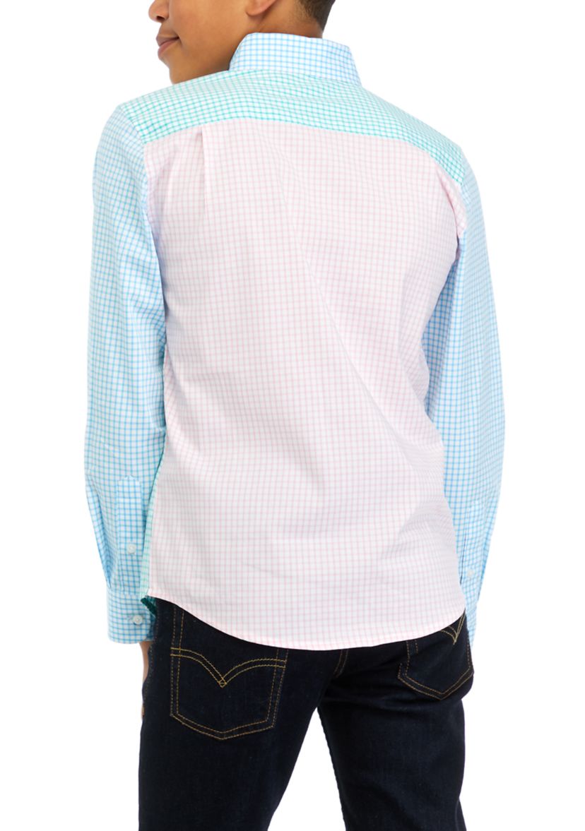 Boys 8-20 Woven Poplin Color Blocked Button Down Shirt