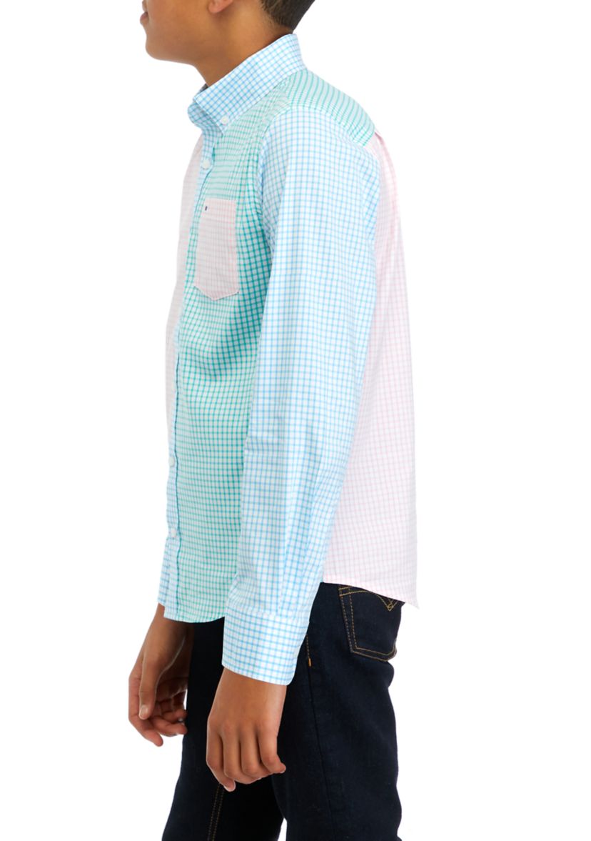 Boys 8-20 Woven Poplin Color Blocked Button Down Shirt