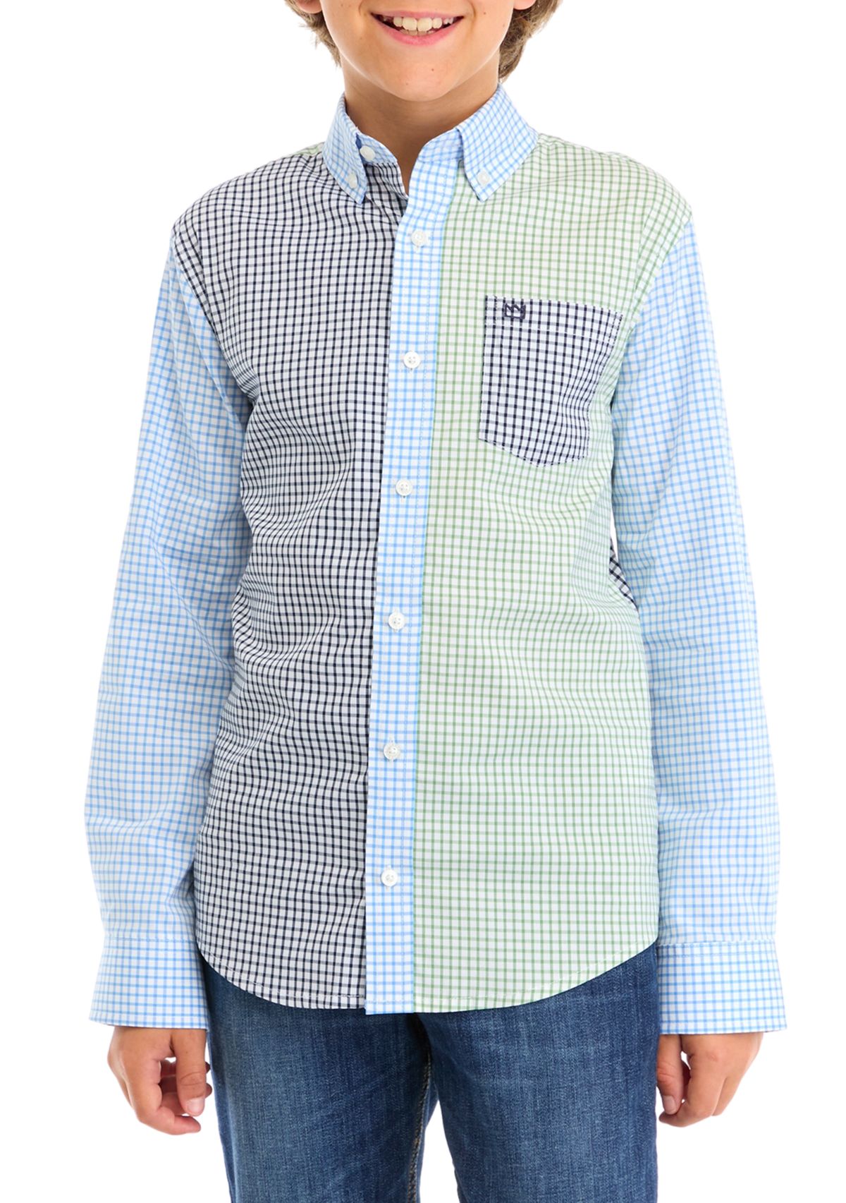 Boys 8-20 Long Sleeve Mismatched Gingham Poplin Shirt
