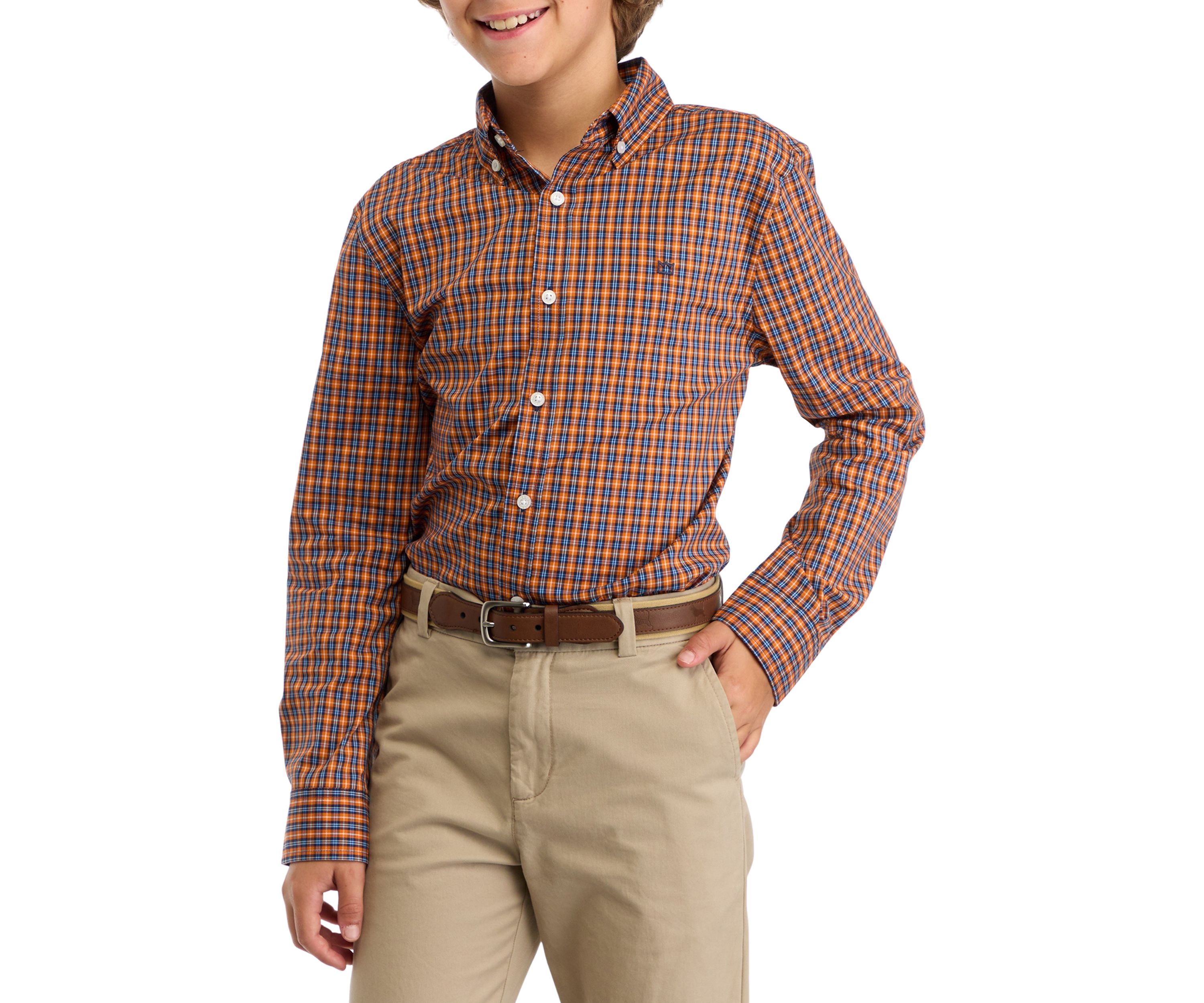 Boys 8-20 Woven Poplin Gingham Printed Shirt