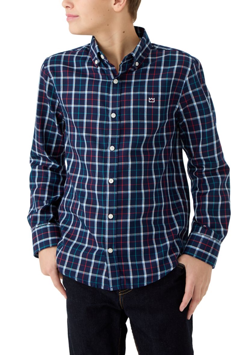 Boys 8-20 Long Sleeve Woven Brushed Twill Box Plaid Shirt