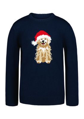 Crown & Ivy Boys 4-7 Holiday Dog Crew Neck Sweater, Navy Blue