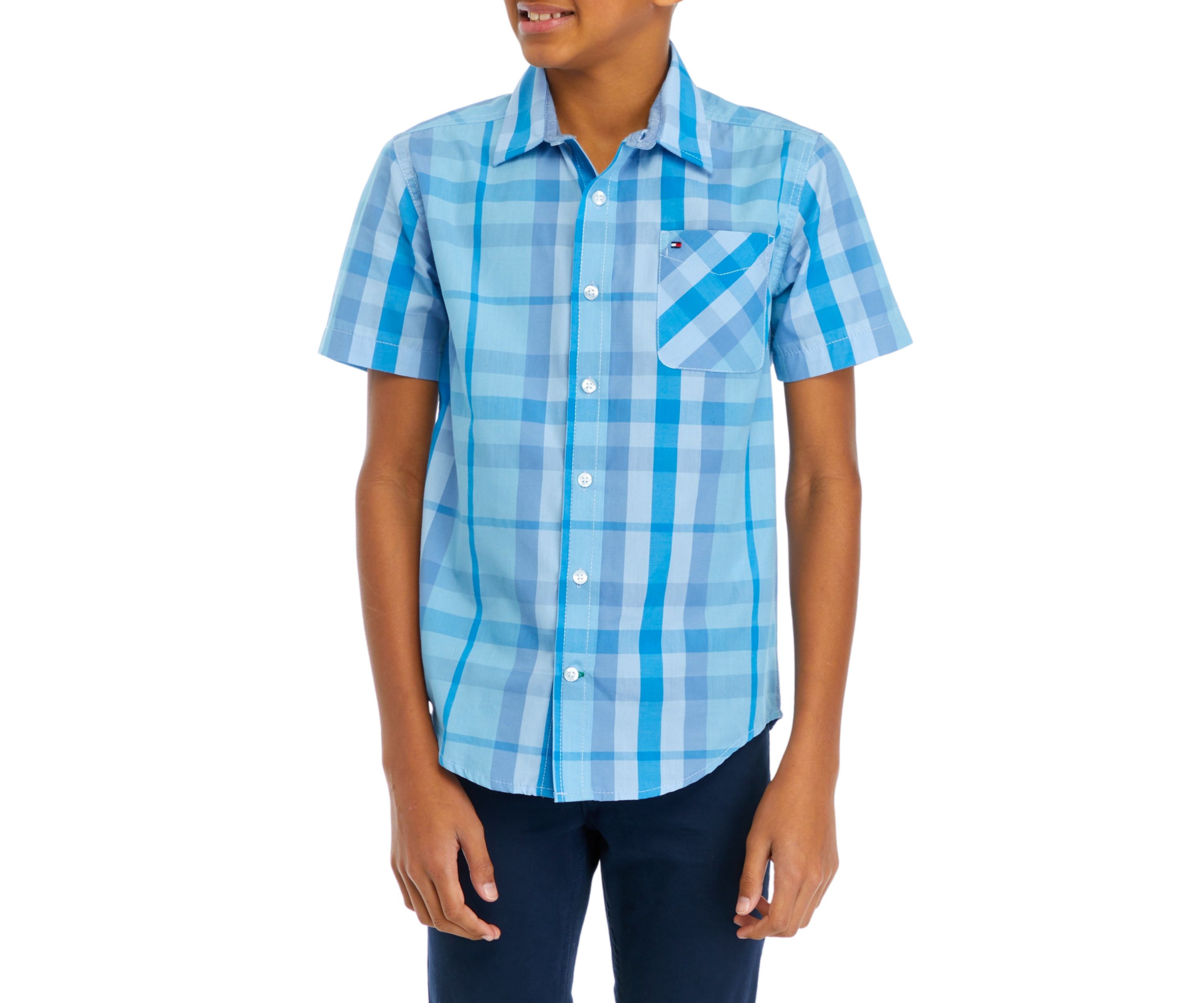Boys 8-20 Woven Plaid Printed Button Down Shirt