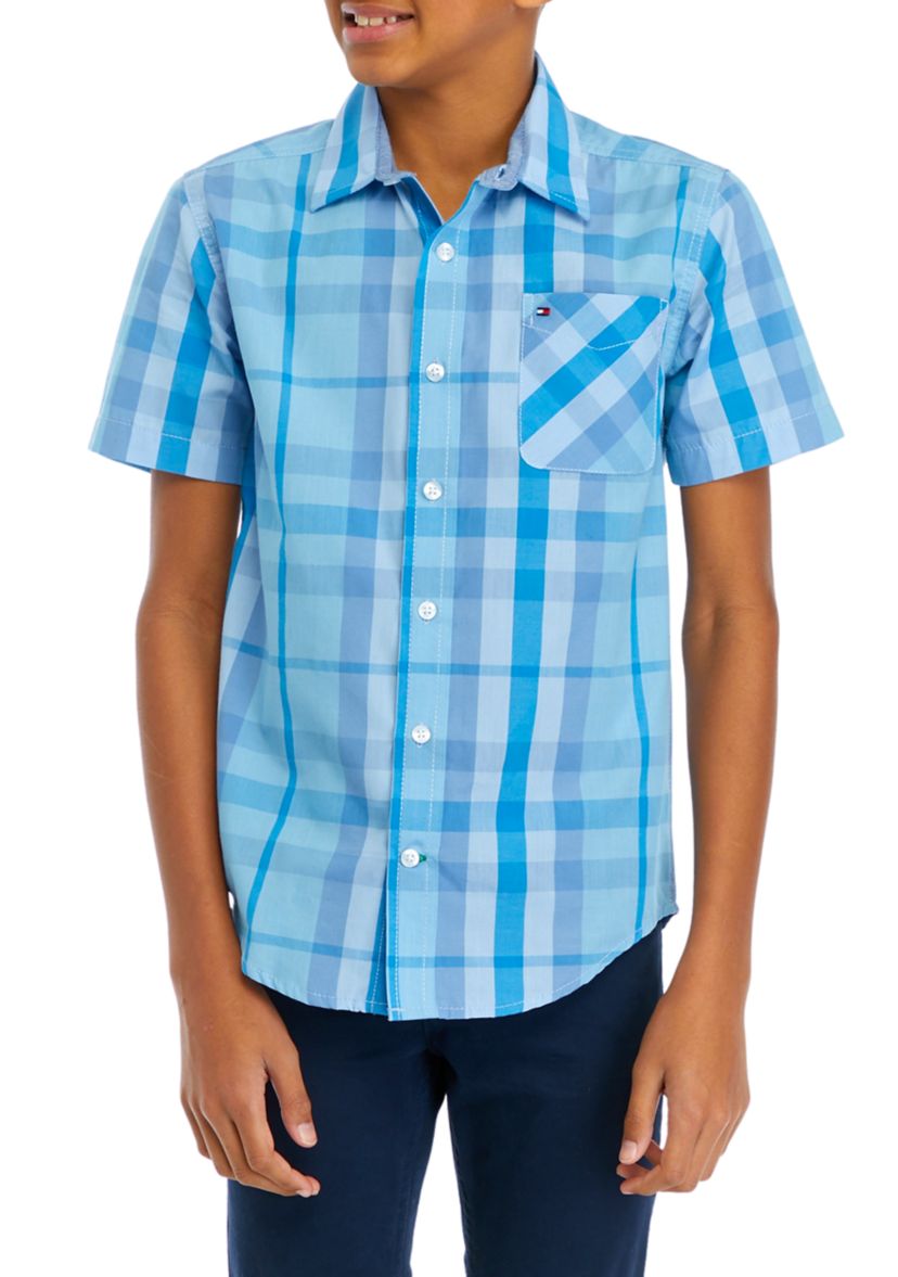 Boys 8-20 Woven Plaid Printed Button Down Shirt