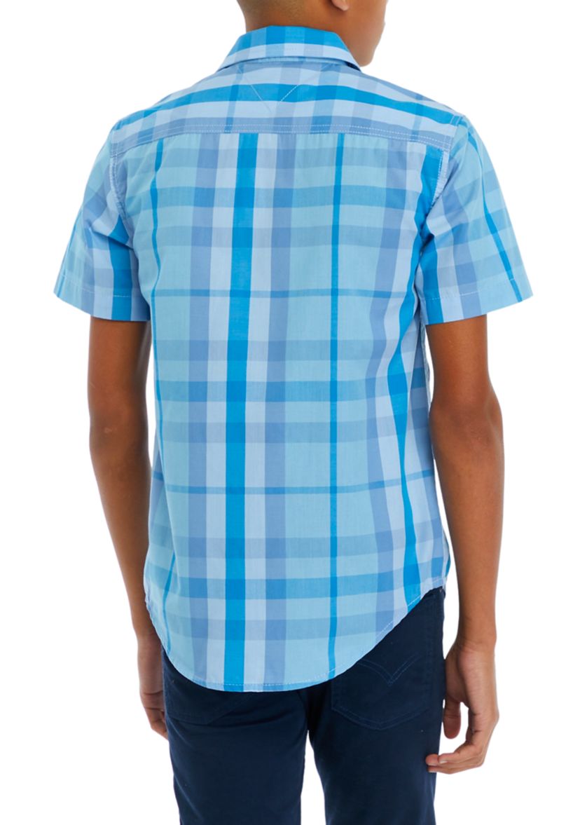 Boys 8-20 Woven Plaid Printed Button Down Shirt