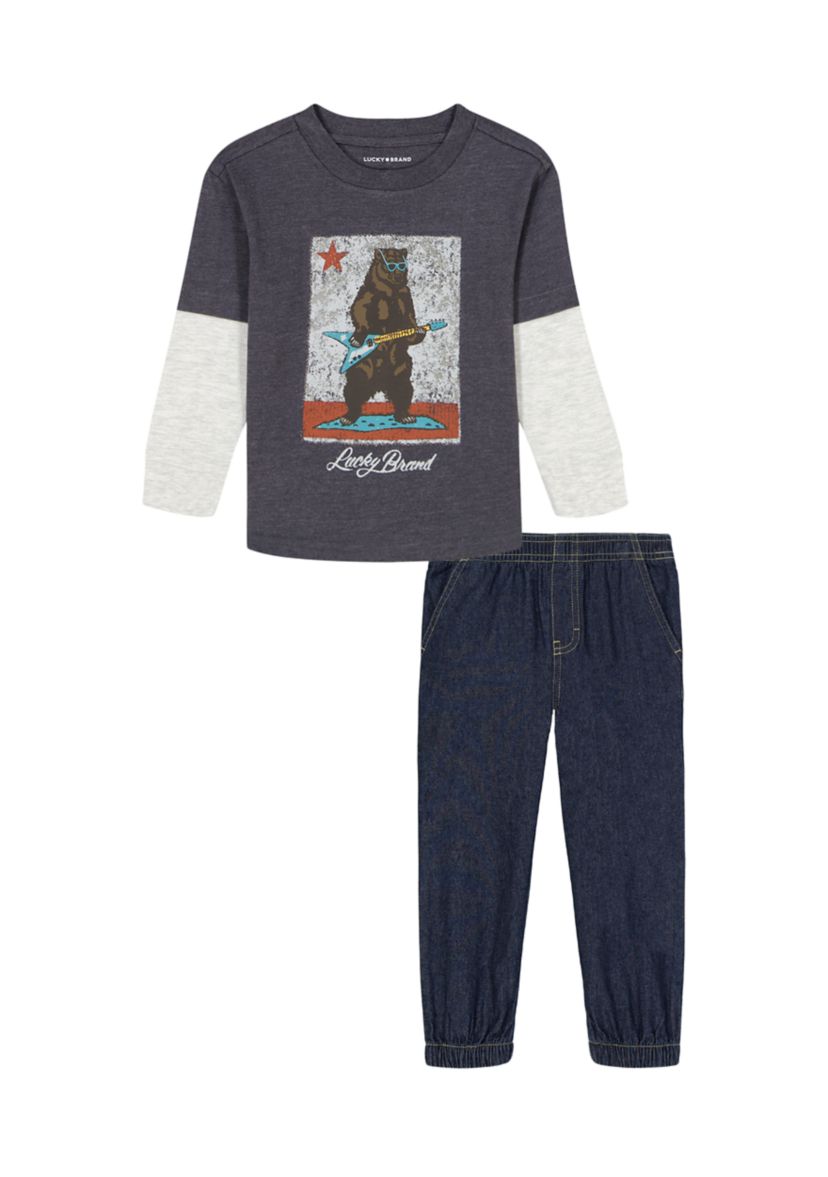 Boys 4-7 2Fer Bear Knit Graphic T-Shirt and Denim Pants Set 