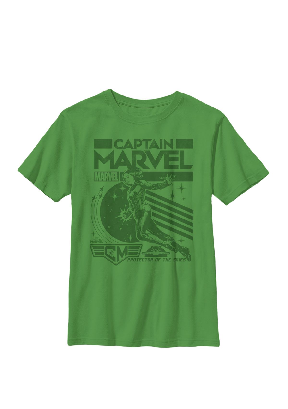 Captain Marvel Flying Pose Striped Poster Crew Graphic T-Shirt