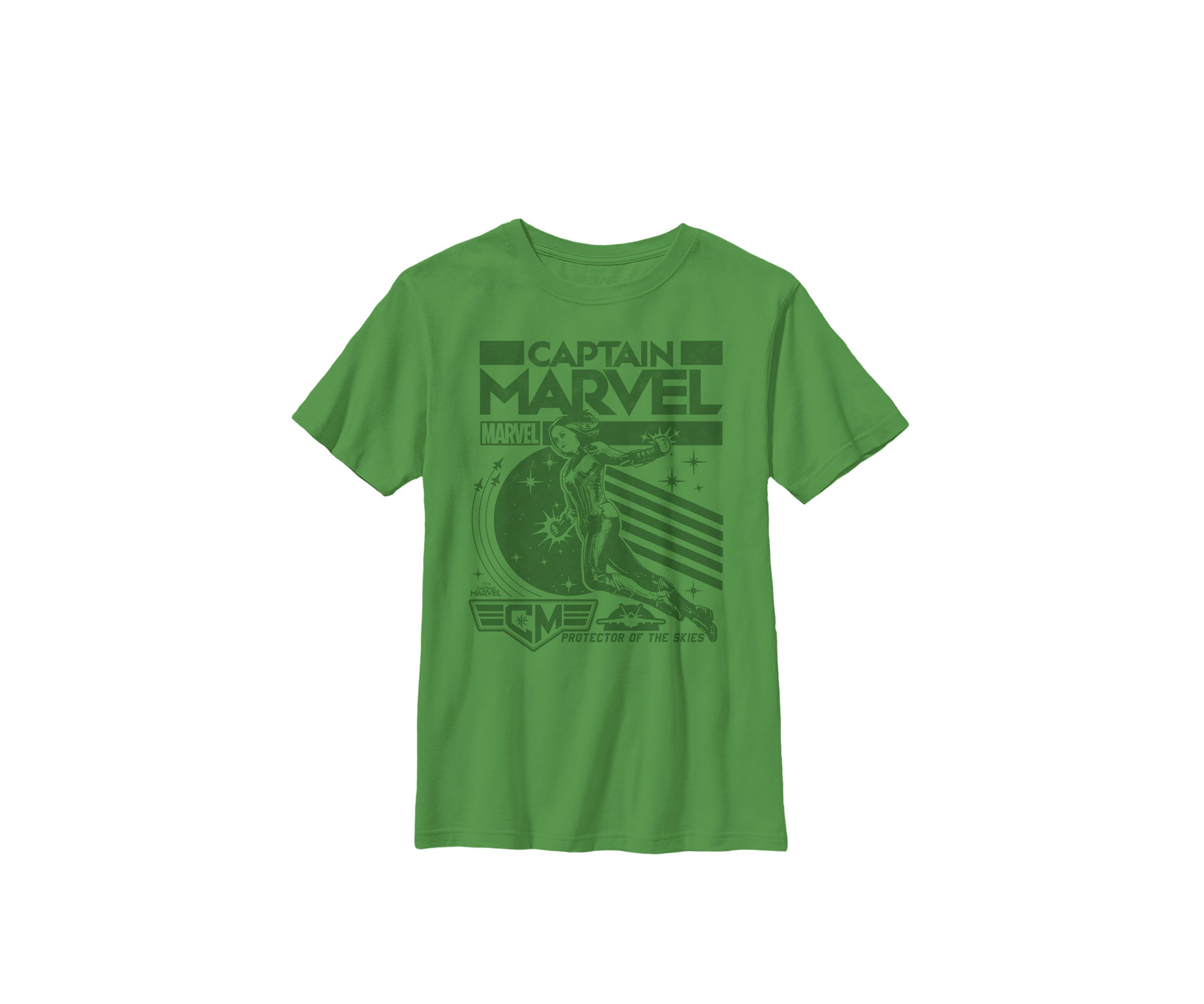Captain Marvel Flying Pose Striped Poster Crew Graphic T-Shirt