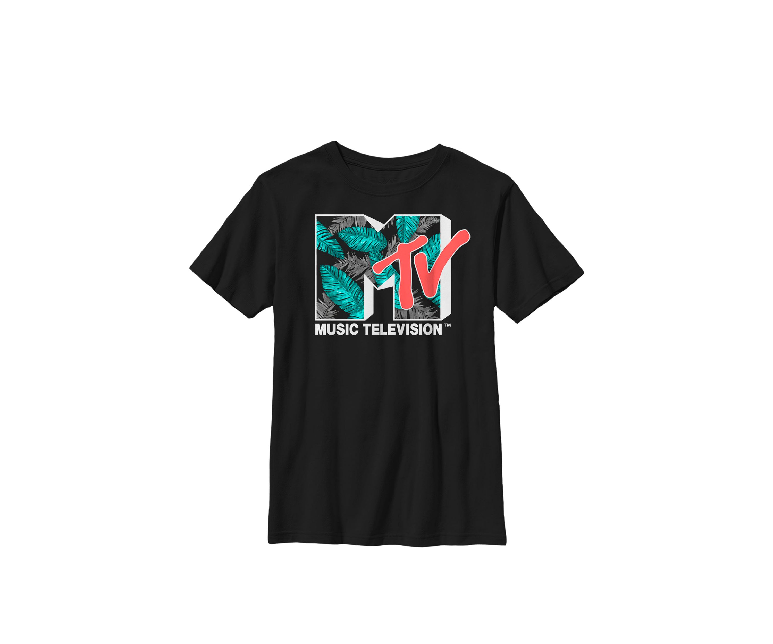 Tropical Neon Turquoise Leaves Logo Crew Graphic T-Shirt