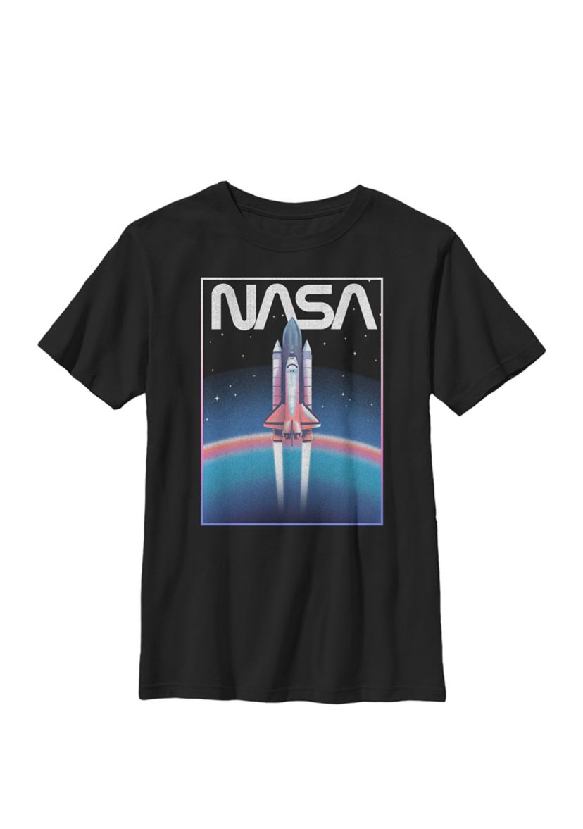Distressed Retro Rocket Poster Style Crew Graphic T-Shirt