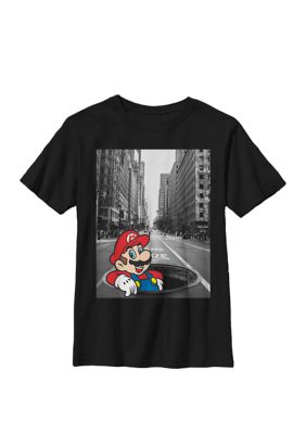 Nintendo Kids Super Mario Street Pop Up Black And White Photo Crew Graphic T-Shirt