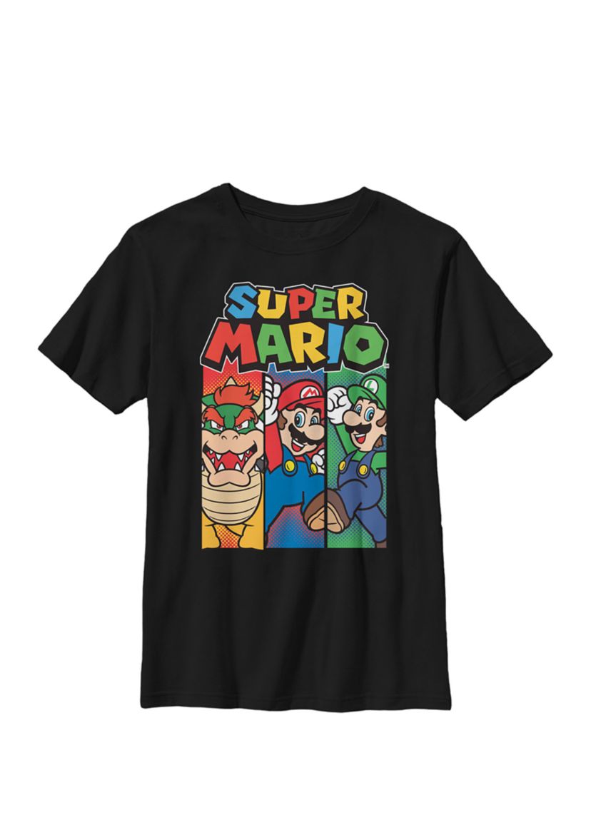 Boys Super Mario Colorful Character Panels Logo Crew T-Shirt