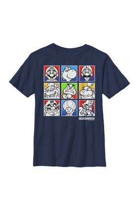 Nintendo Boys Super Mario Colorful Character Squares Crew T-Shirt, Navy Blue, X-Large