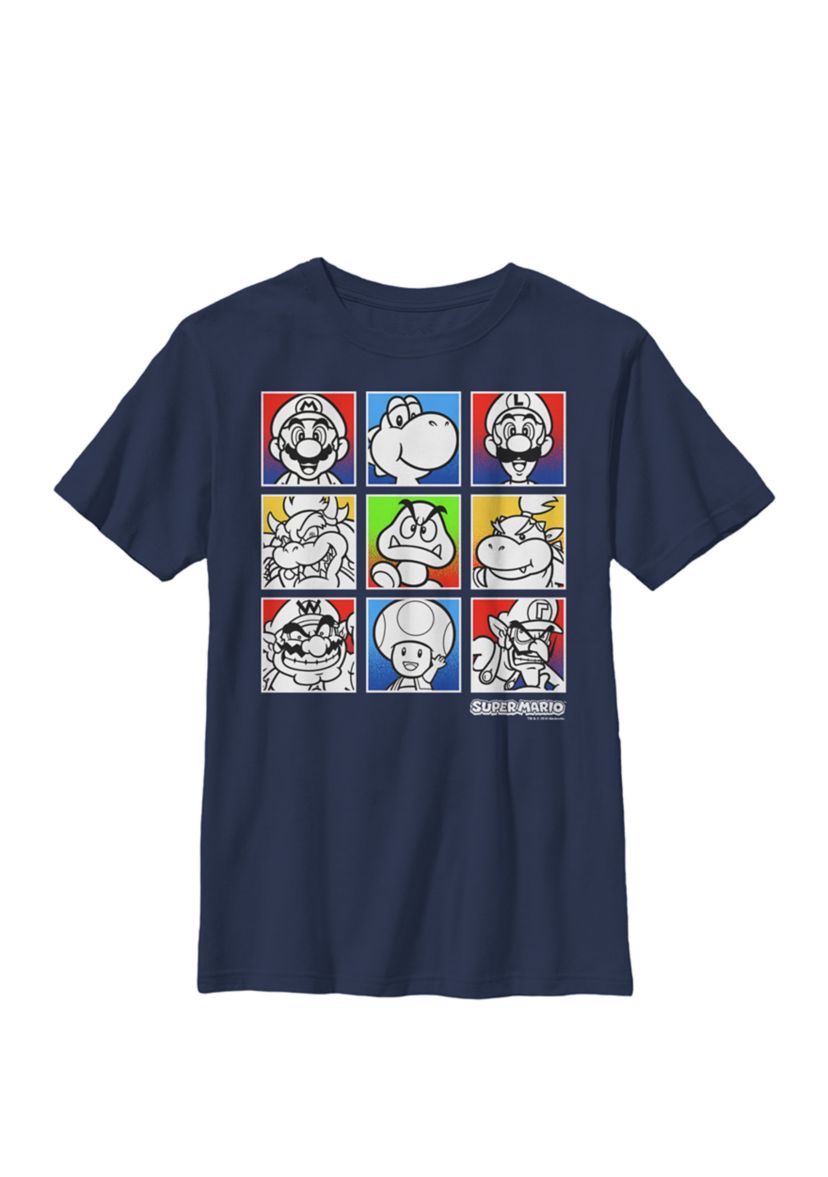 Boys Super Mario Colorful Character Squares Crew T-Shirt