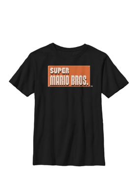 Nintendo Kids Super Mario Orange Boxed Logo Crew Graphic T-Shirt, Black, XSmall