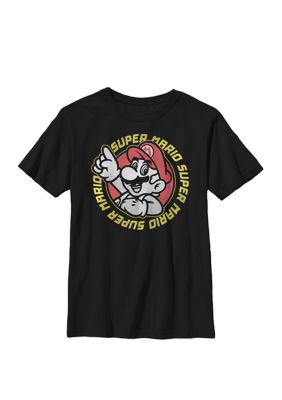 Nintendo Kids Super Mario Retro Circle Red Yellow Logo Crew Graphic T-Shirt, Black, Small