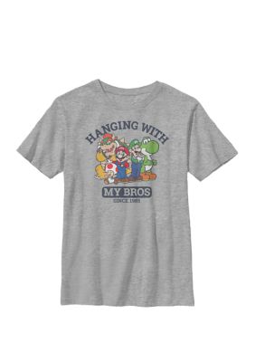 Nintendo Kids Super Mario Hanging With My Bros Since 1985 Group Shot Crew Graphic T-Shirt, Medium
